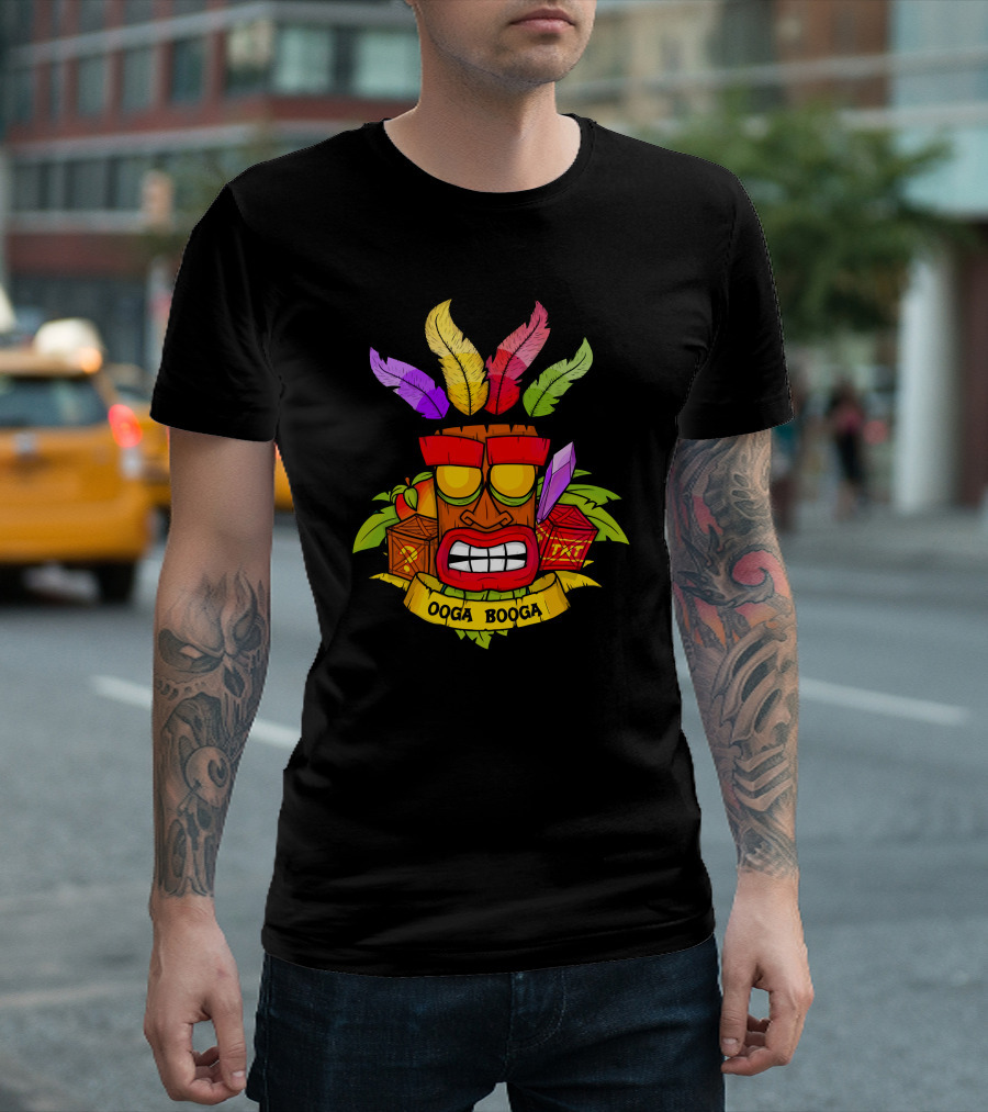 Aku Aku Ooga Booga Crash Bandicoot Mask Feathers Crates T-Shirt