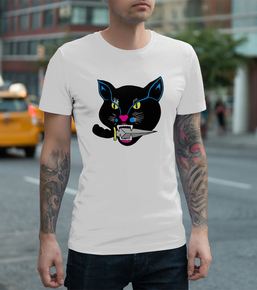 Balck Cat Knife Mouth Vibrant Neon Accent T-Shirt