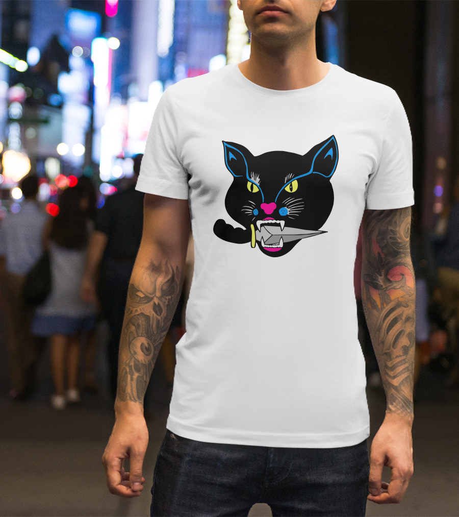 Balck Cat Knife Mouth Vibrant Neon Accent T-Shirt