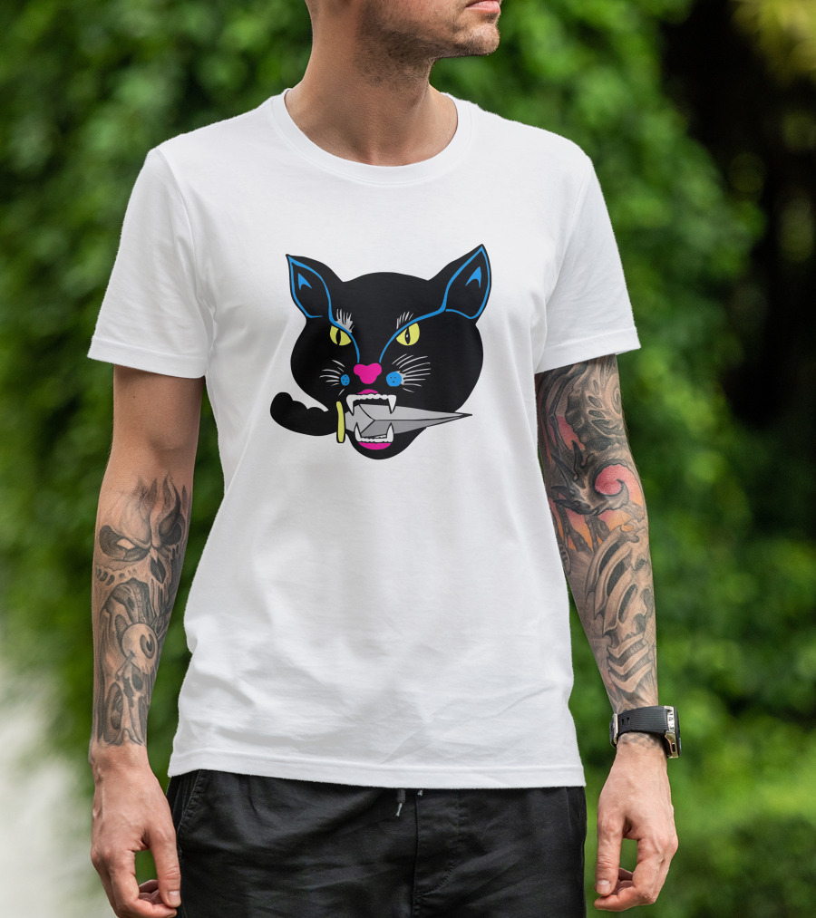 Balck Cat Knife Mouth Vibrant Neon Accent T-Shirt