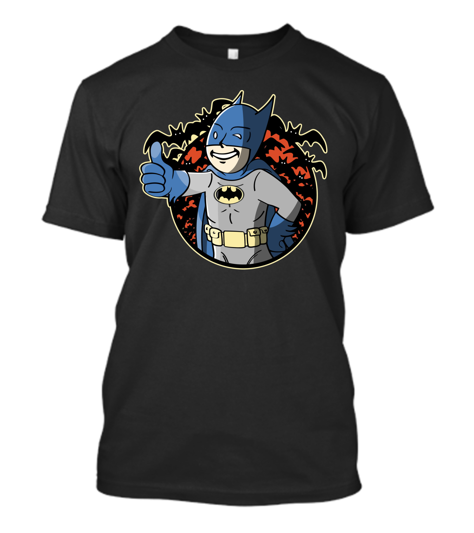 Thumbs Up Bat Hero Figures Amidst Bat T-Shirt