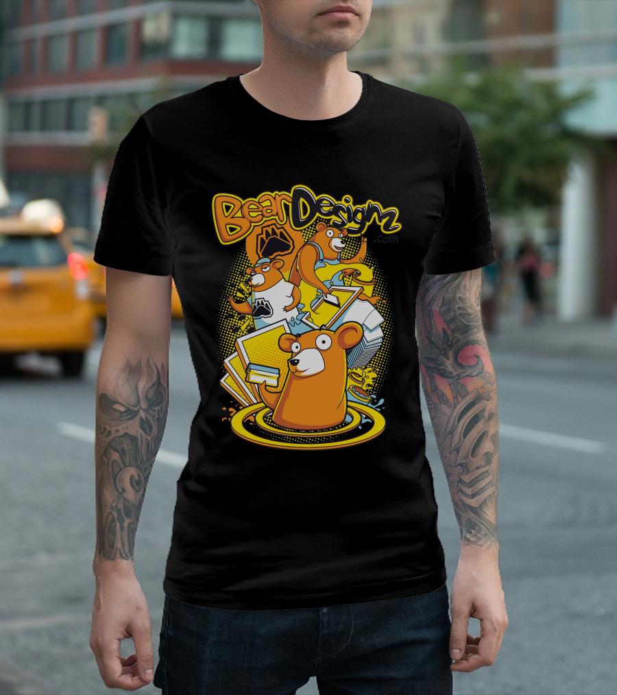 BearDesignz Comic Style Bears with Books and Bright Yellow Accents T-Shirt