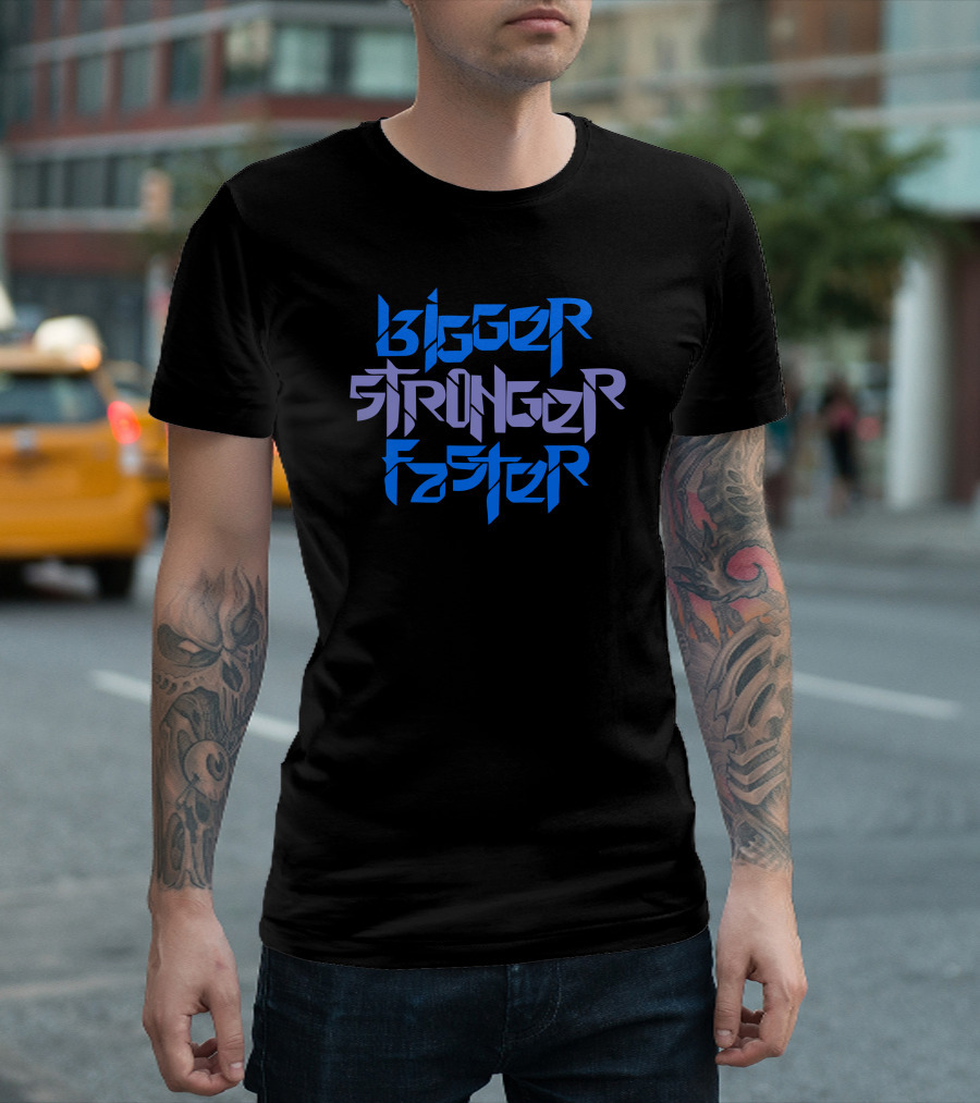 Bigger Stronger Faster Text with Geometric Blue and Purple T-Shirt