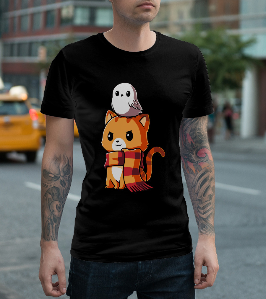 Brave Kitty with Owl Winter Scarf T-Shirt