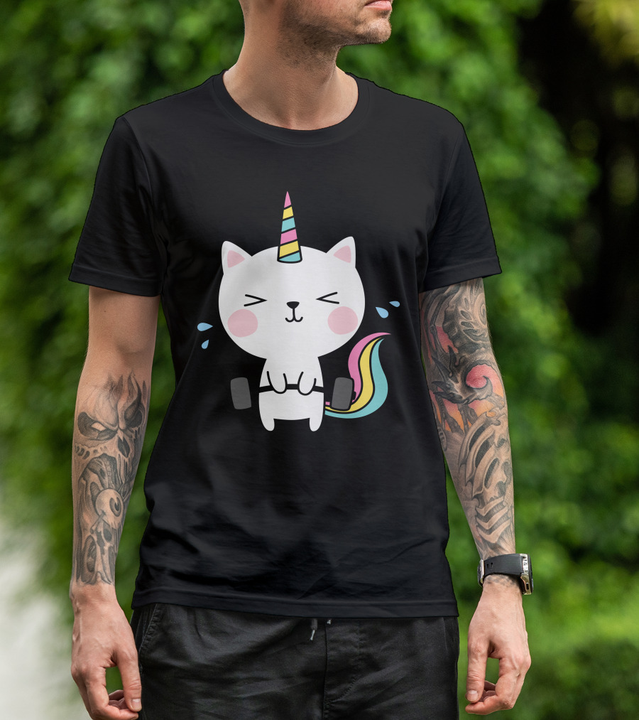 Cat Unicorn Gym Workout Rainbow Caticorn Lifting Weights T-Shirt