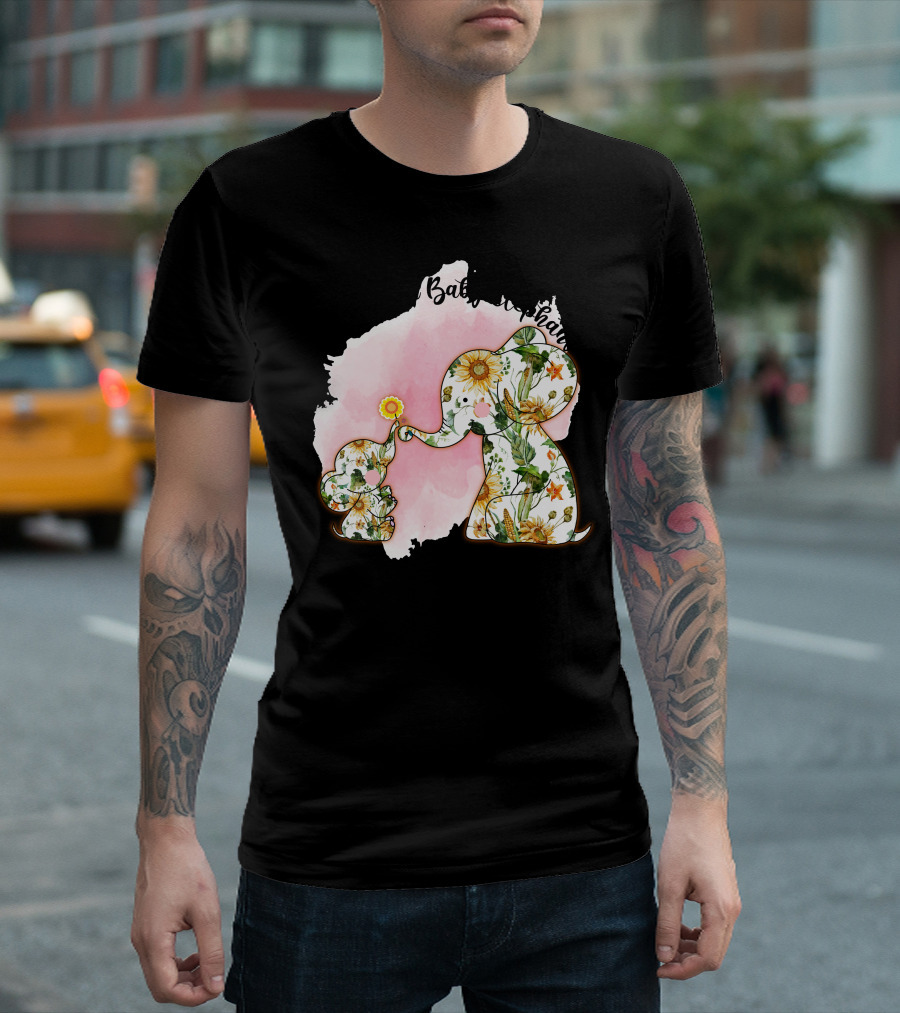 Mama and Baby Elephant Floral Pattern Pink Watercolor Background T-Shirt