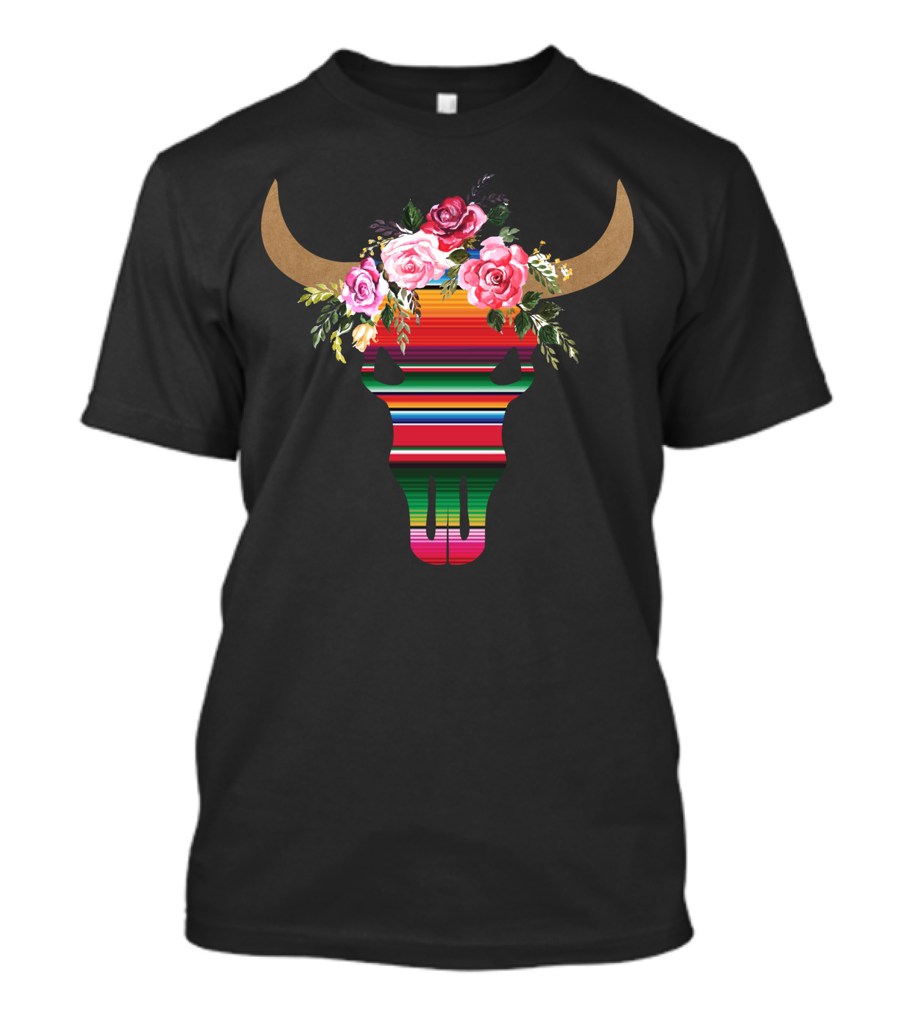 Serape Striped Bull Skull With Floral Crown T-Shirt