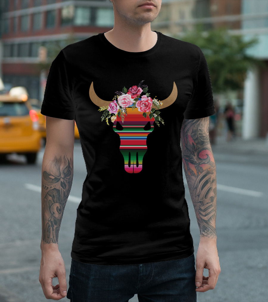 Serape Striped Bull Skull With Floral Crown T-Shirt