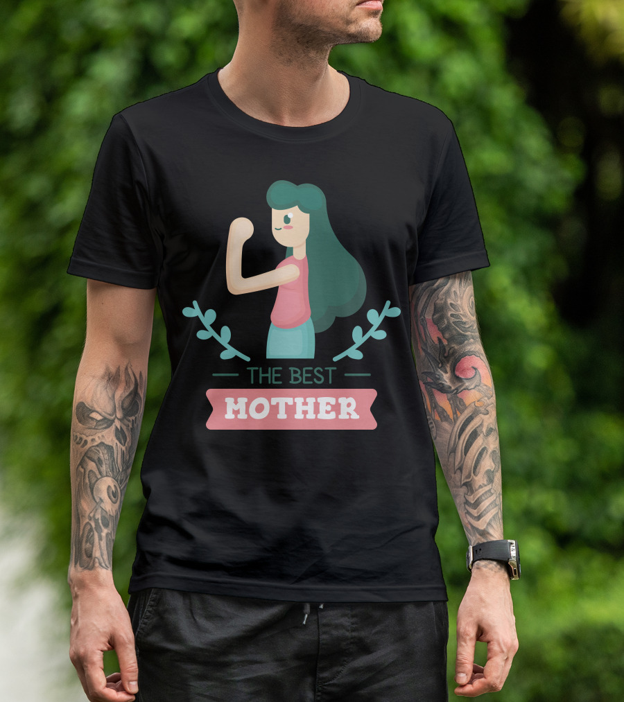 THE BEST MOTHER Empowered Woman With Flexing Arm And Floral Elements T-Shirt