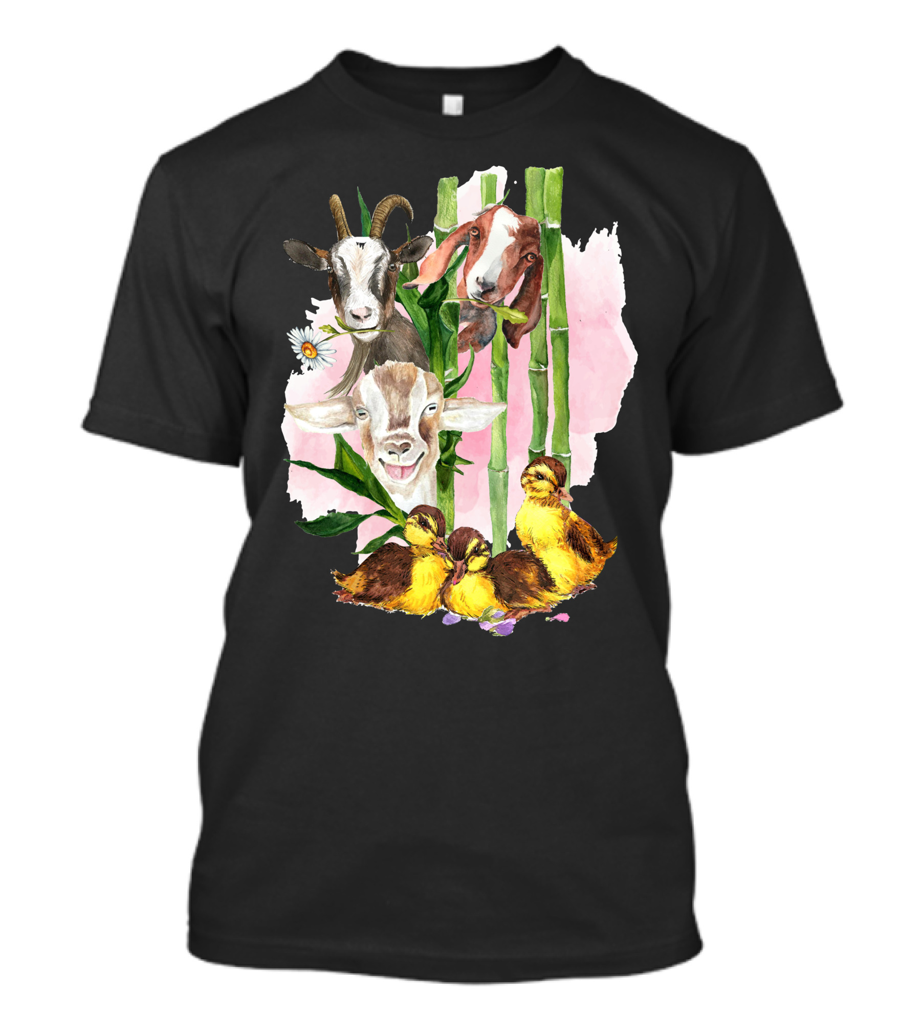 Cute Goats And Ducklings Among Bamboo And Daisies T-Shirt