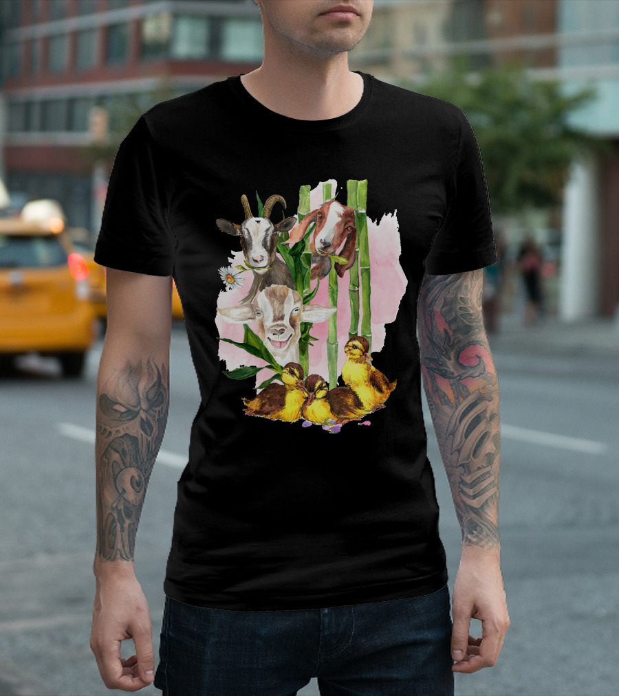 Cute Goats And Ducklings Among Bamboo And Daisies T-Shirt