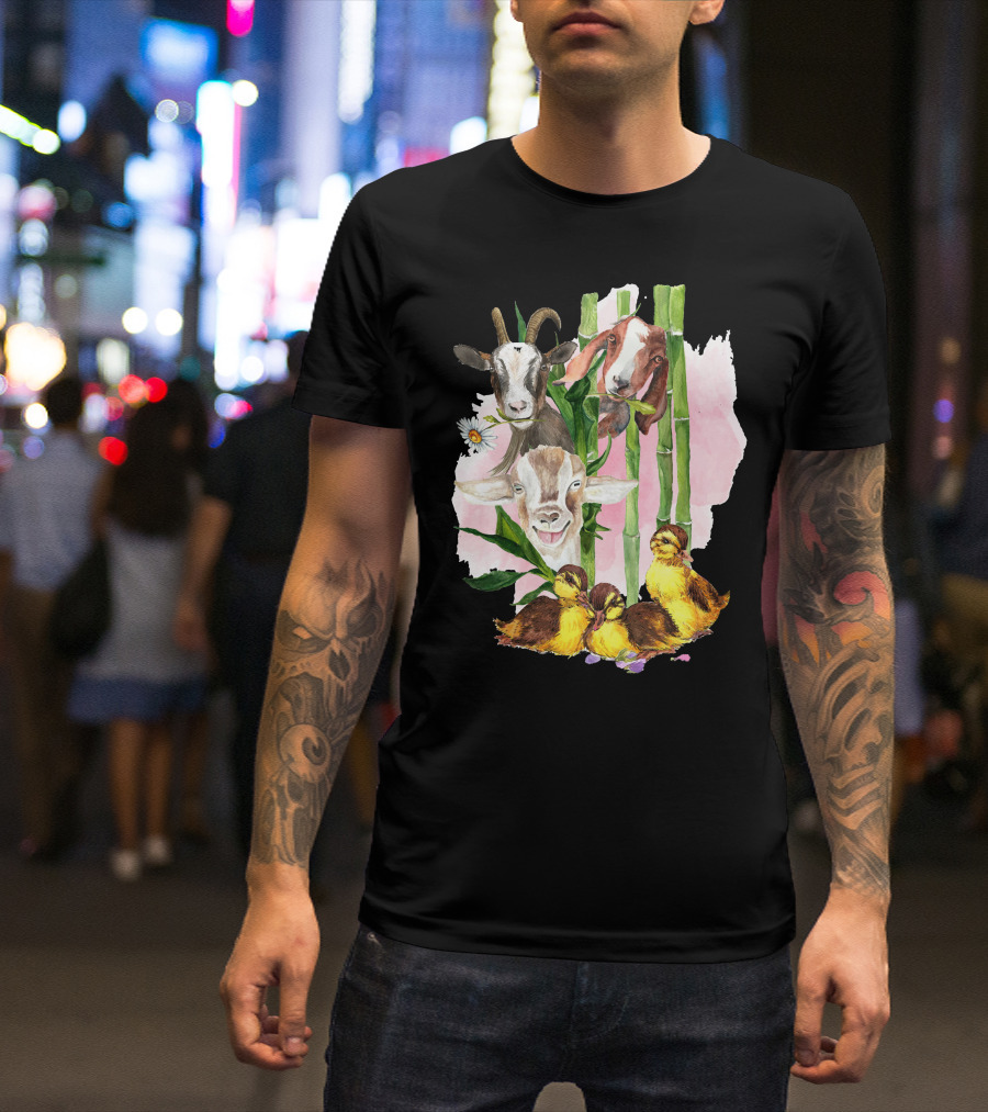 Cute Goats And Ducklings Among Bamboo And Daisies T-Shirt