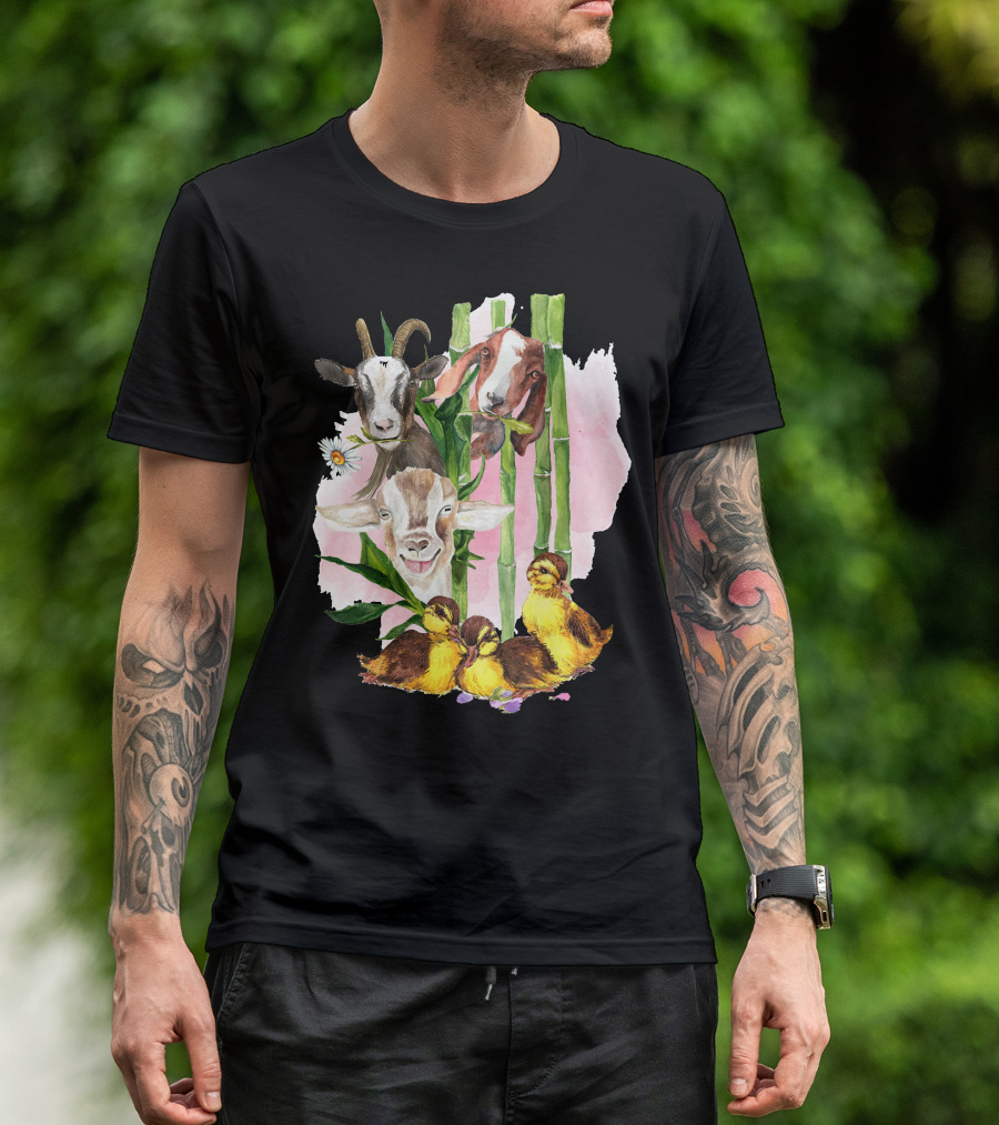 Cute Goats And Ducklings Among Bamboo And Daisies T-Shirt