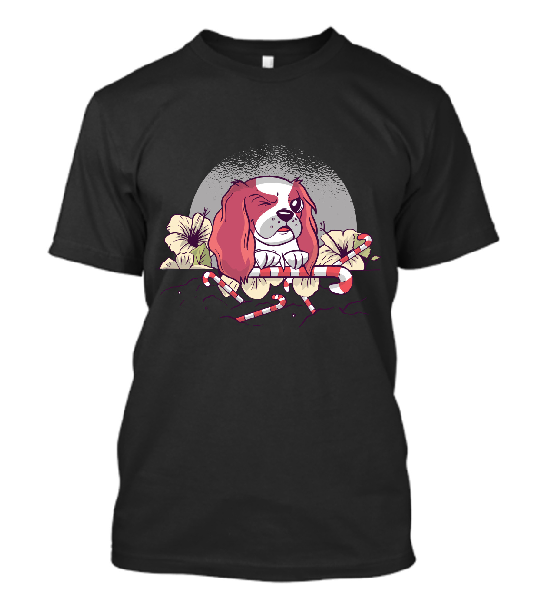 Flower Dog Winking With Candy Canes And Moonflower Blossoms T-Shirt