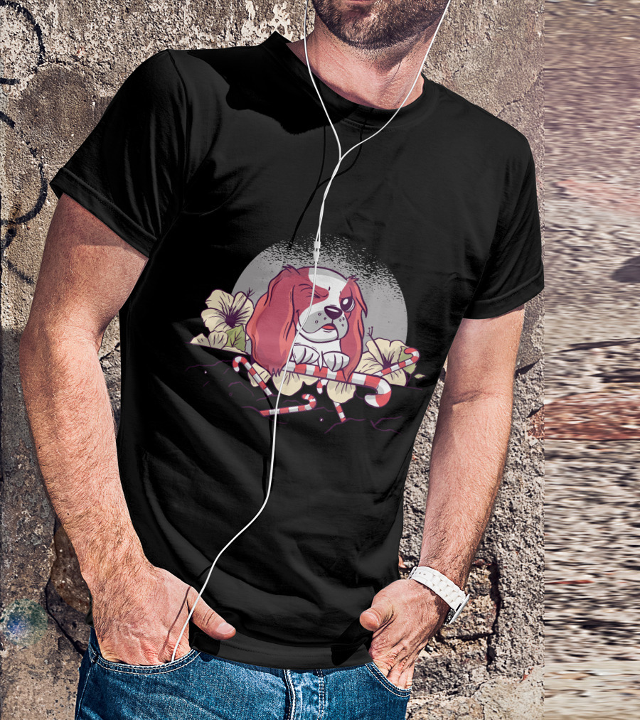 Flower Dog Winking With Candy Canes And Moonflower Blossoms T-Shirt
