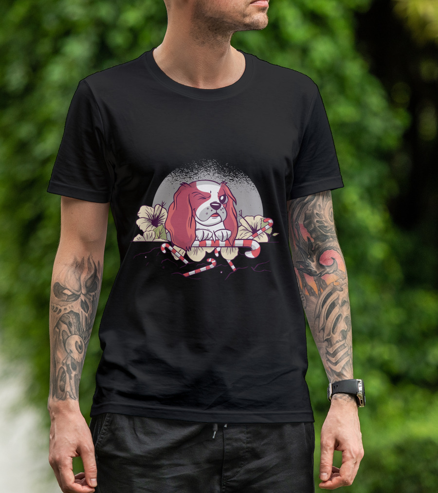 Flower Dog Winking With Candy Canes And Moonflower Blossoms T-Shirt
