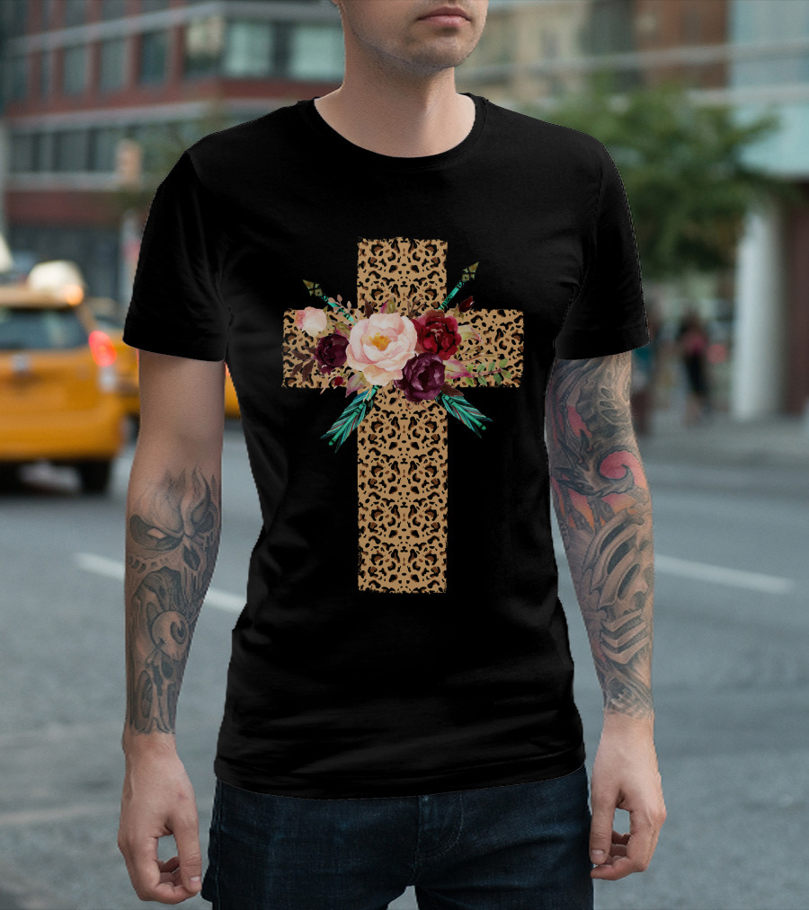 Leopard Cross Floral Pattern Blossoms T-Shirt