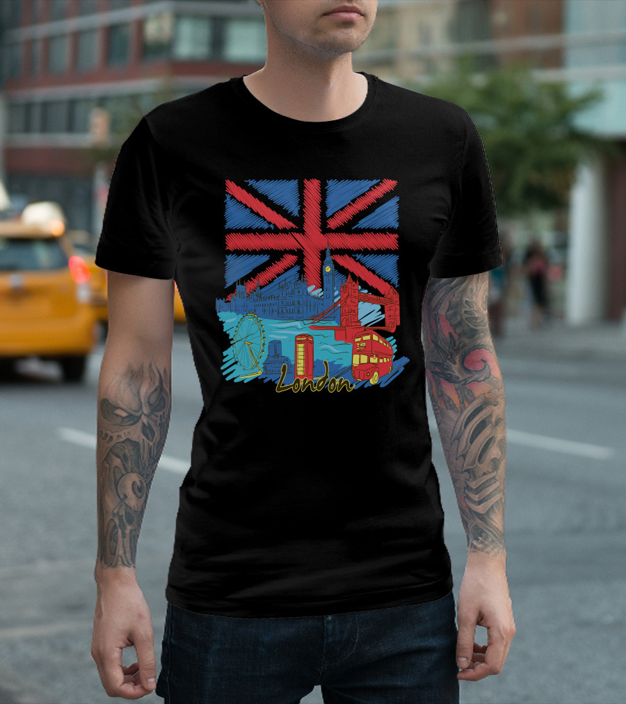 London Union Jack Big Ben Tower Bridge London Eye Iconic Telephone Bus T-Shirt