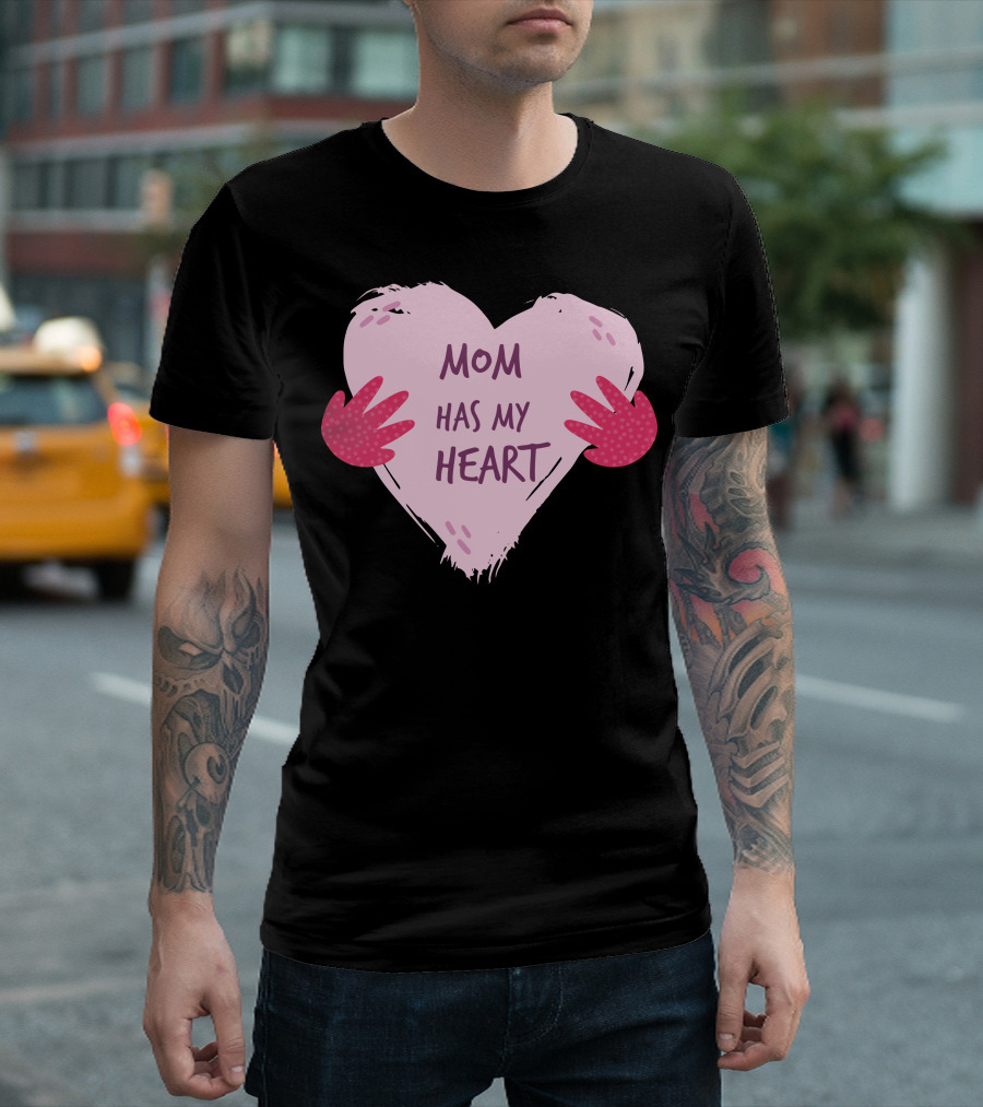 Mom Has My Heart Pink Heart with Red Hands T-Shirt