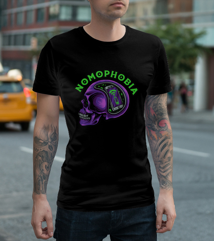 NOMOPHOBIA Skull with Brain Smartphone Integration T-Shirt
