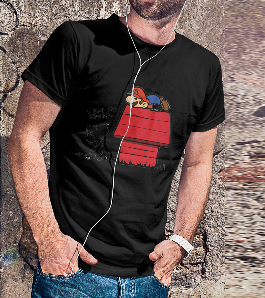 Snoopy And Lazy Mario On Doghouse With Comic Symbols T-Shirt