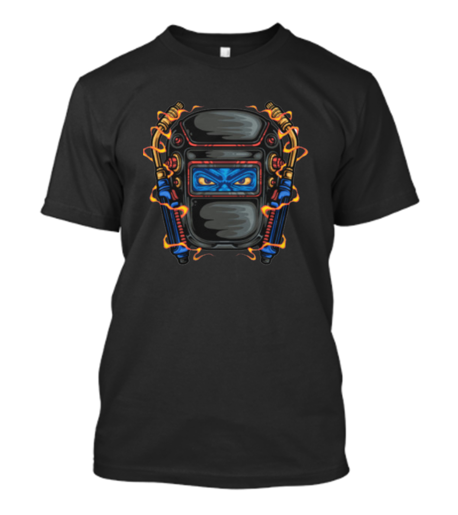 Weld Life Welding Helmet With Intense Eyes And Blue Flames T-Shirt