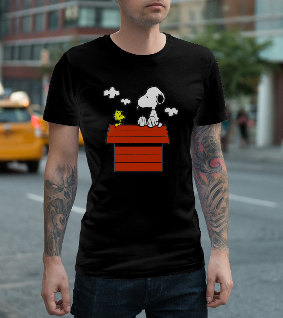 Snoopy And Woodstock Sitting On Red Doghouse Peanuts Charlie Brown T-Shirt