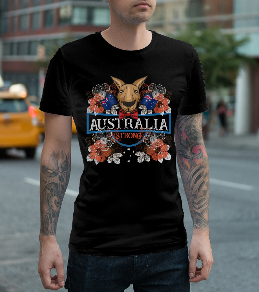 Australia Strong Kangaroo Floral Flags T-Shirt