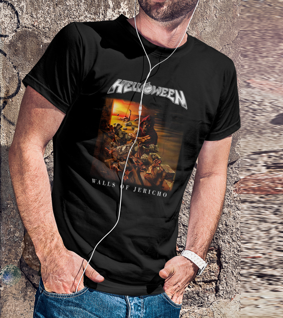 Helloween Walls Of Jericho Album Cover Artwork With Fortress Scene And Sunset Background T-Shirt