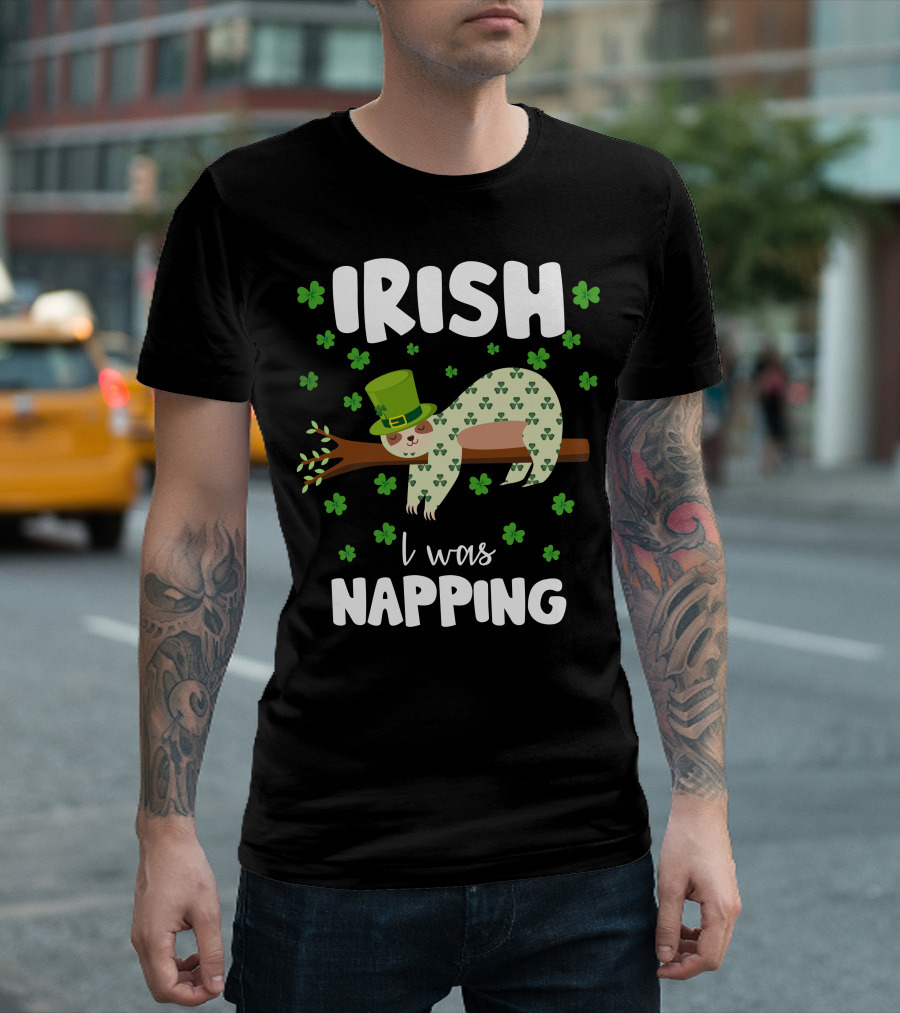 Irish I Was Napping Sloth With Hat And Shamrocks T-Shirt