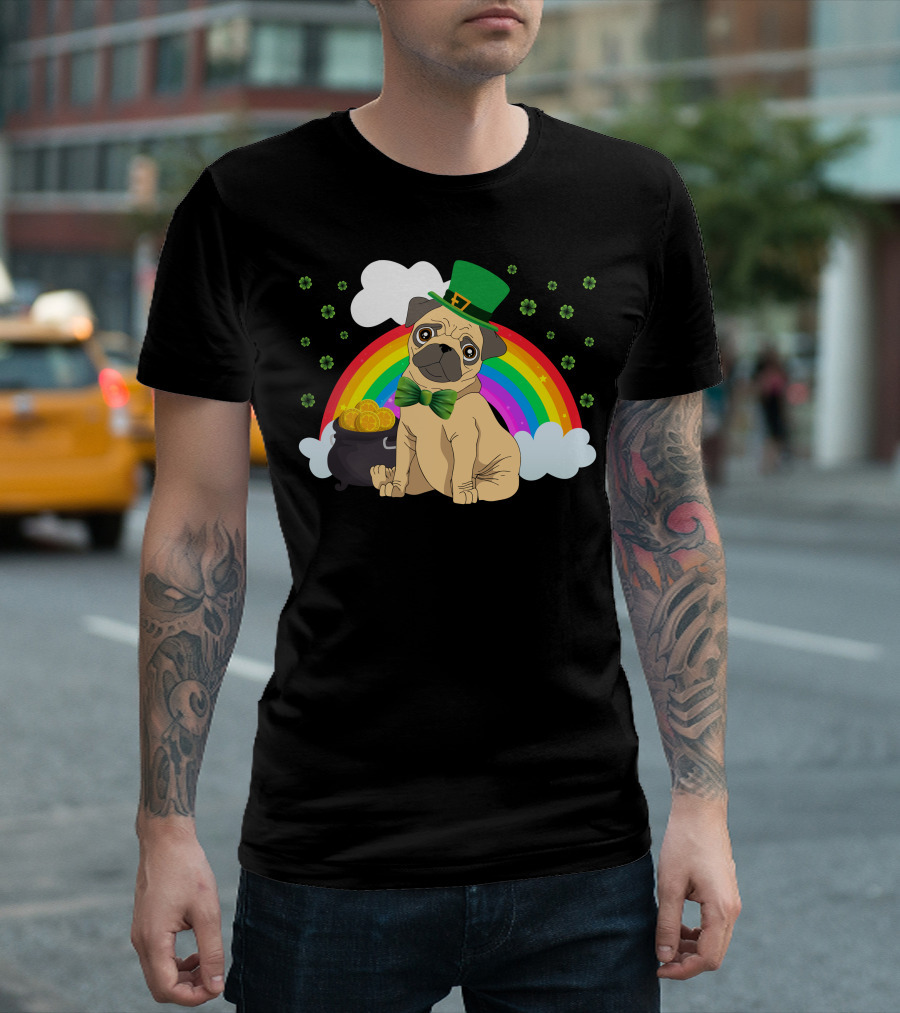 Irish Pug with Leprechaun Hat Rainbow and Pot of Gold T-Shirt