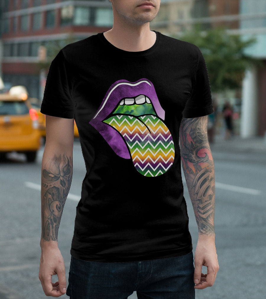 Mardi Gras Purple Lips with Colorful Chevron Pattern Tongue T-Shirt