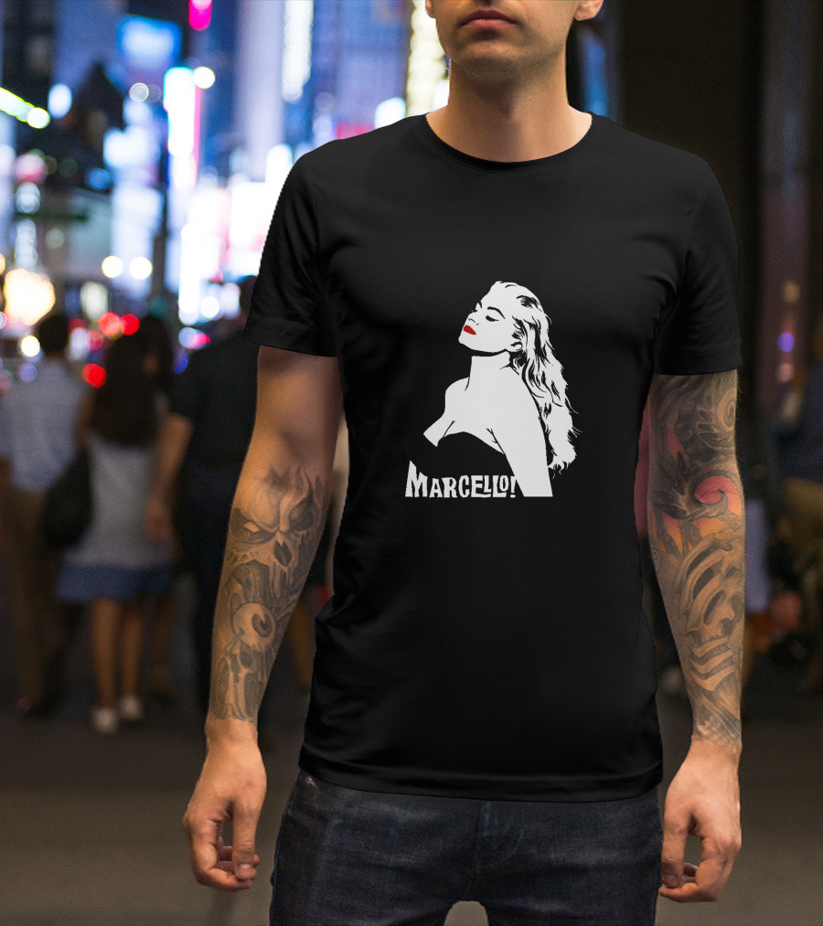 Marcello Iconic Black And White Portrait With Red Lips T-Shirt