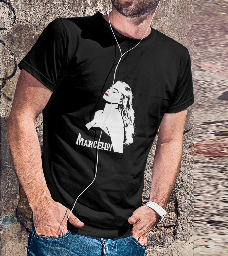 Marcello Iconic Black And White Portrait With Red Lips T-Shirt