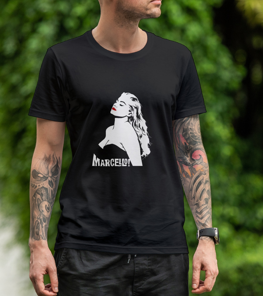 Marcello Iconic Black And White Portrait With Red Lips T-Shirt