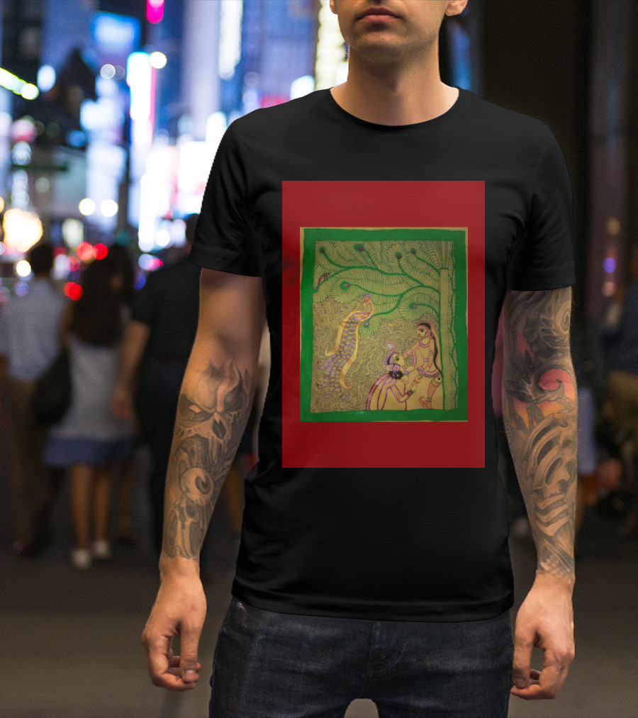 Mithila Art Of India Traditional Folk Style With Nature And Figures T-Shirt