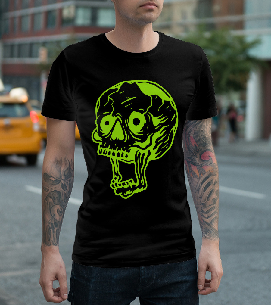 Neon Skull Graphic Art Lime Green Contrast T-Shirt
