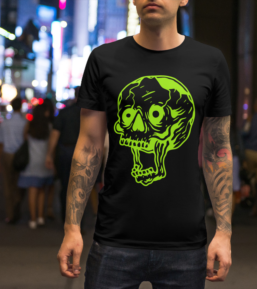 Neon Skull Graphic Art Lime Green Contrast T-Shirt