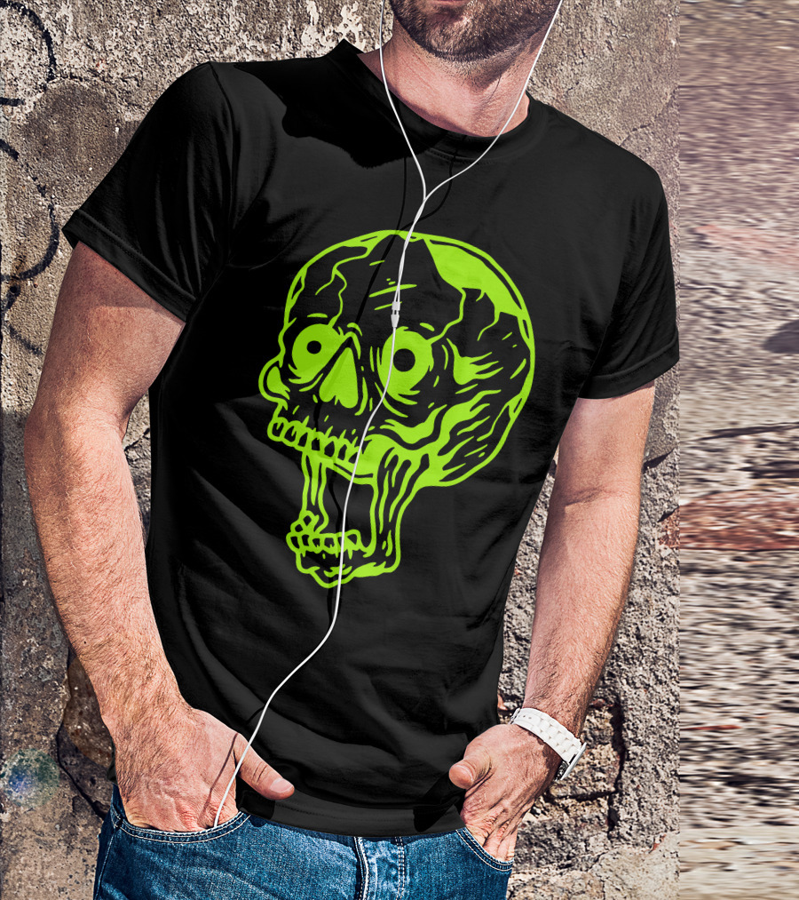 Neon Skull Graphic Art Lime Green Contrast T-Shirt