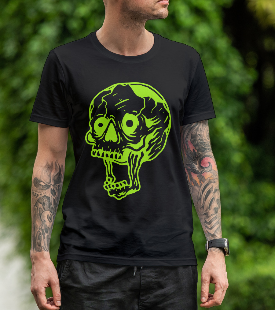 Neon Skull Graphic Art Lime Green Contrast T-Shirt