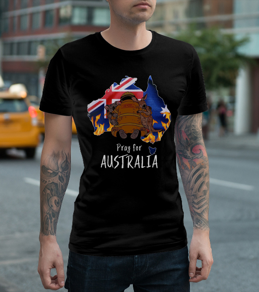 Pray For Australia Firefighter with Koalas and Kangaroo Flag Background T-Shirt