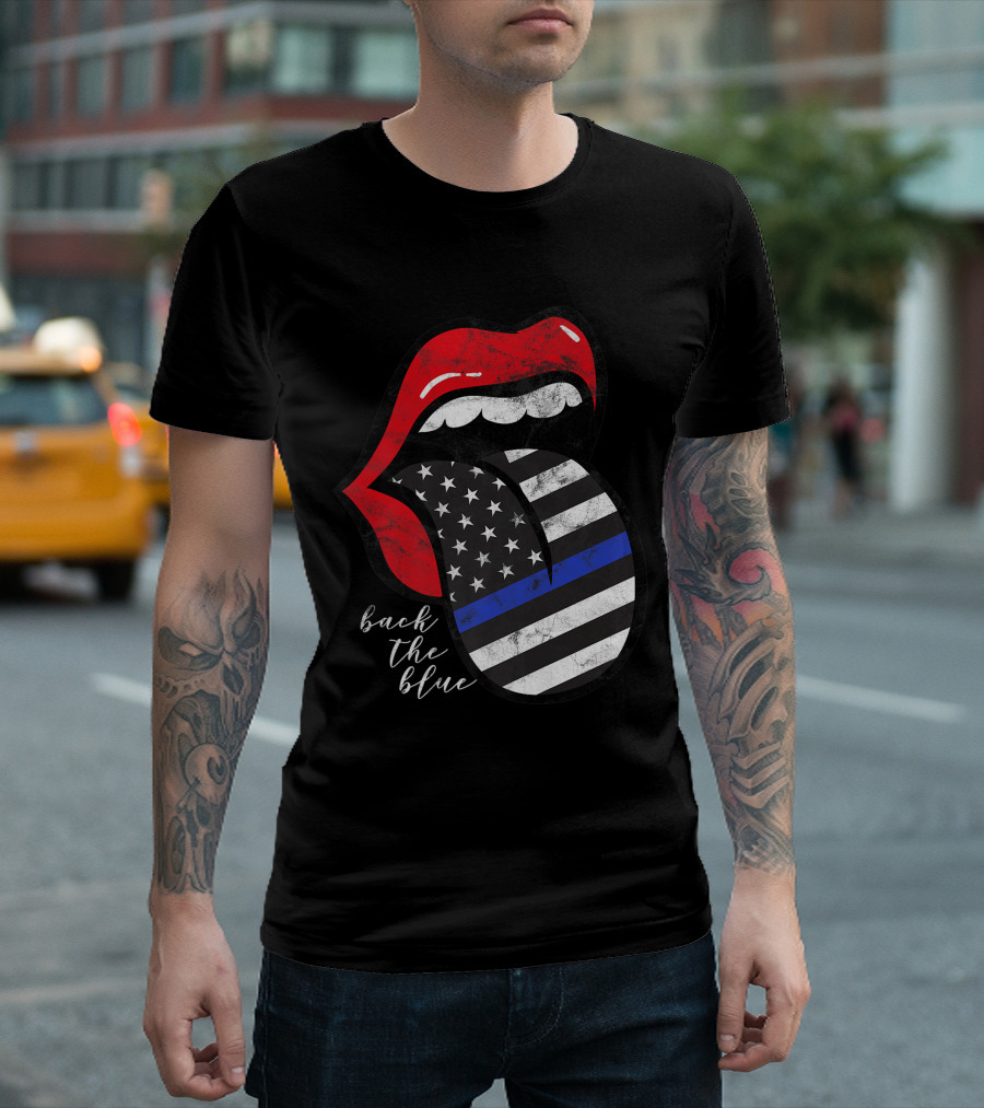 Red Lips Black White American Flag Tongue Back The Blue T-Shirt