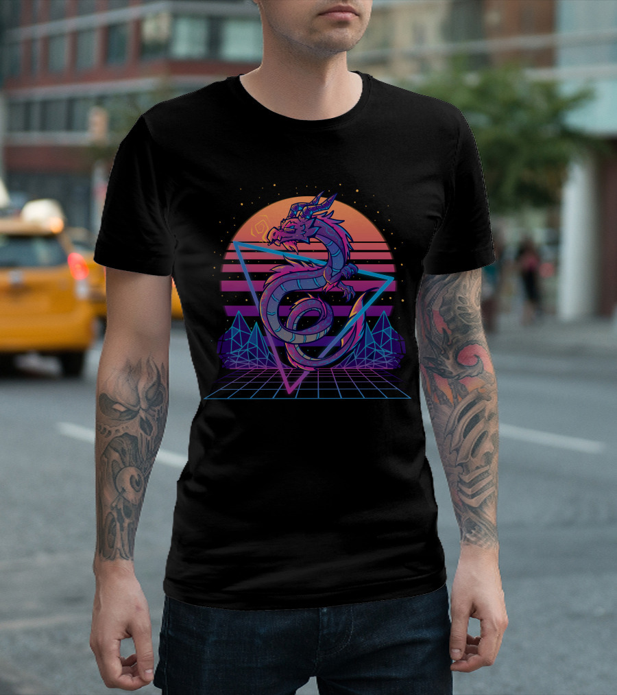 Retrowave Vaporwave Dragon with Neon Geometric Sunset and Grid Landscape T-Shirt