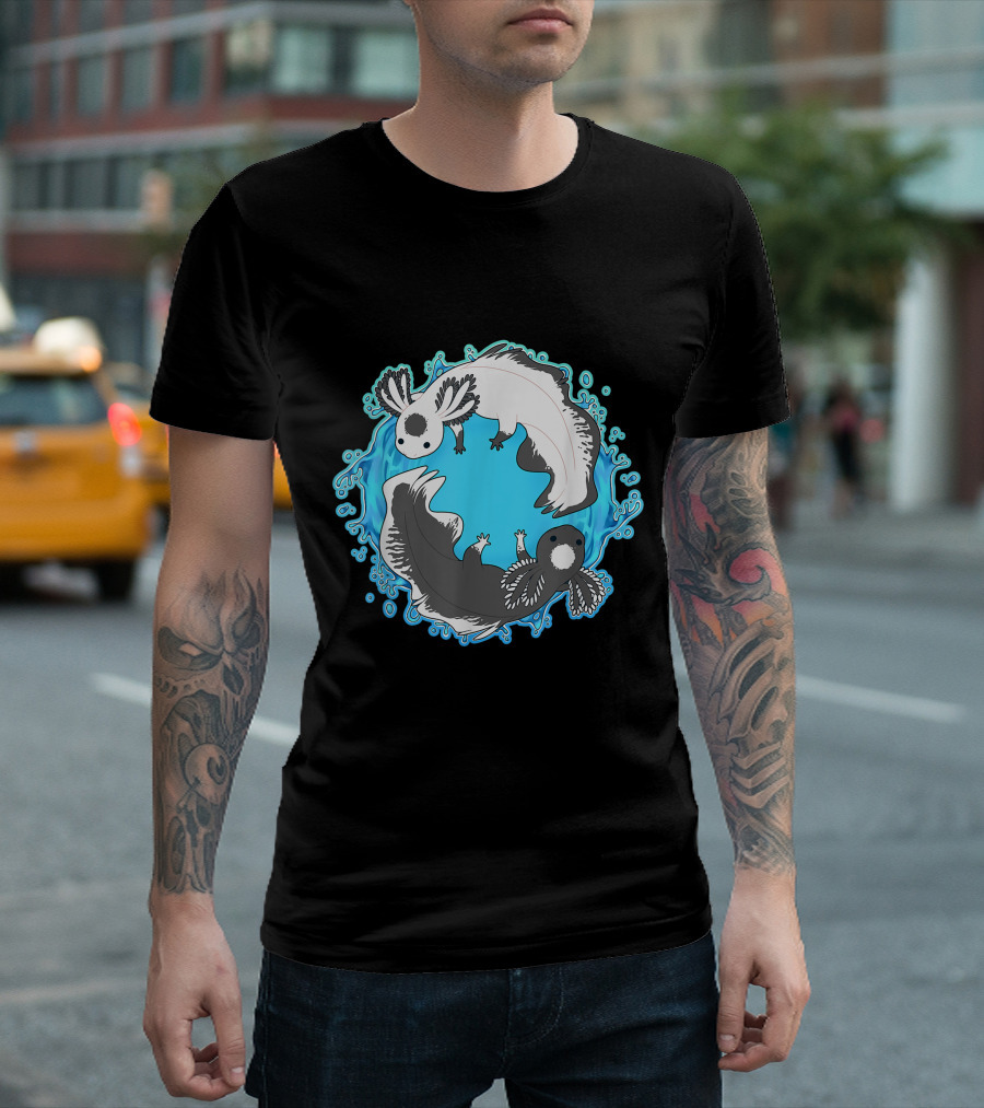 Yin Yang Axolotls Symbol with Black and White Axolotls in Blue Watery Circle T-Shirt