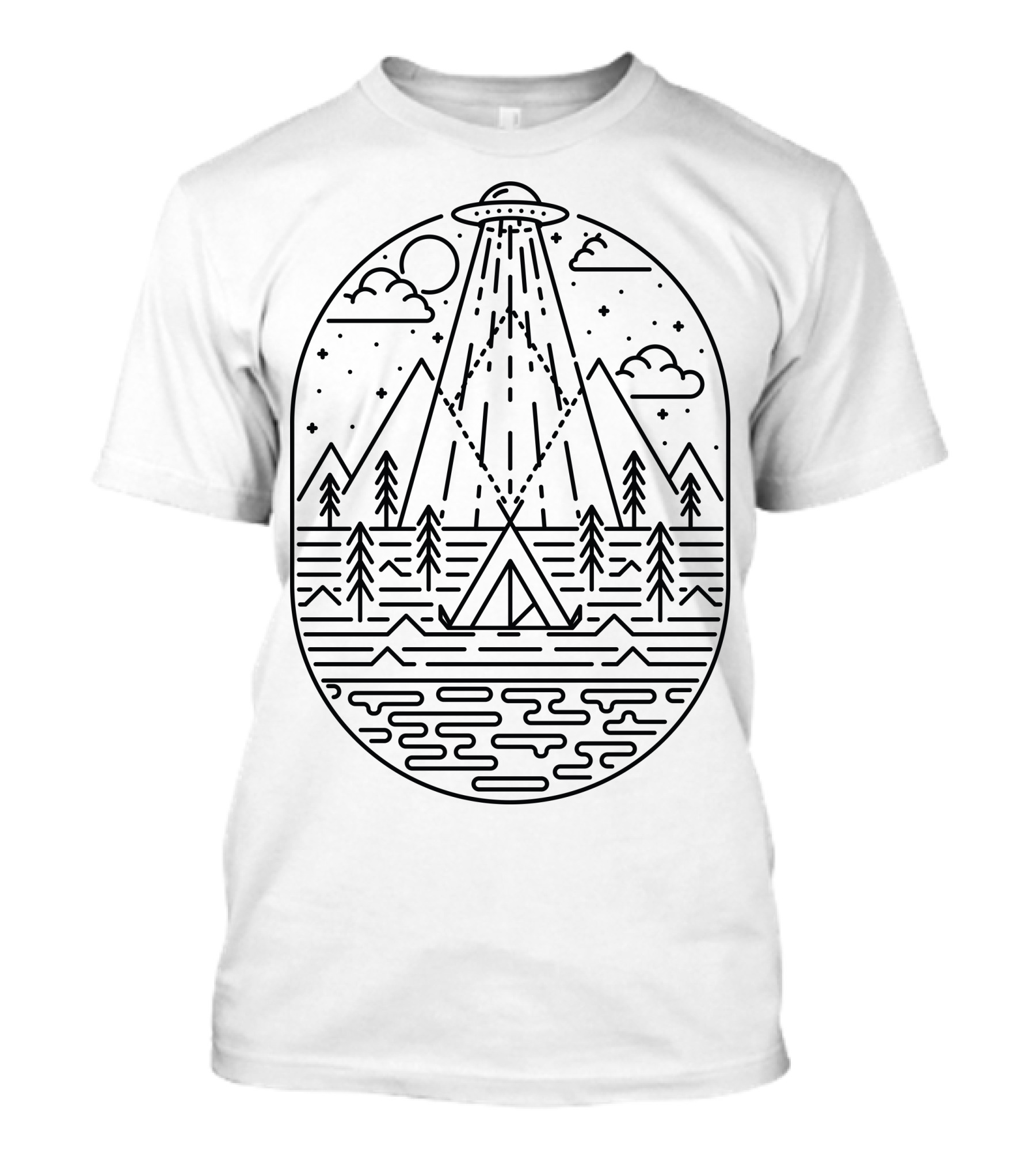 Alien Invasion UFO Over Mountain Tent And Forest Night Scene T-Shirt