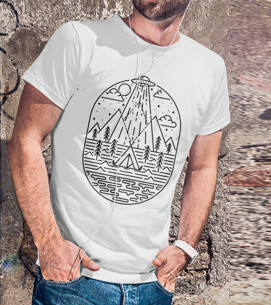 Alien Invasion UFO Over Mountain Tent And Forest Night Scene T-Shirt