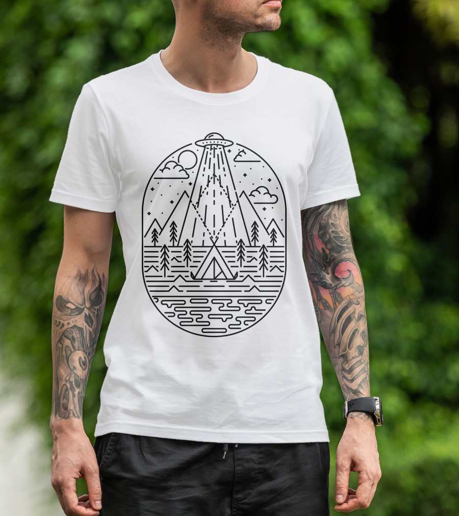 Alien Invasion UFO Over Mountain Tent And Forest Night Scene T-Shirt