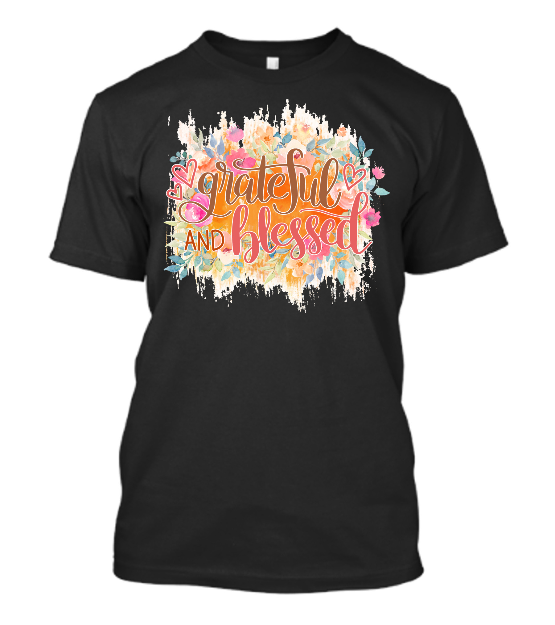 Grateful And Blessed Floral Hearts Motif T-Shirt