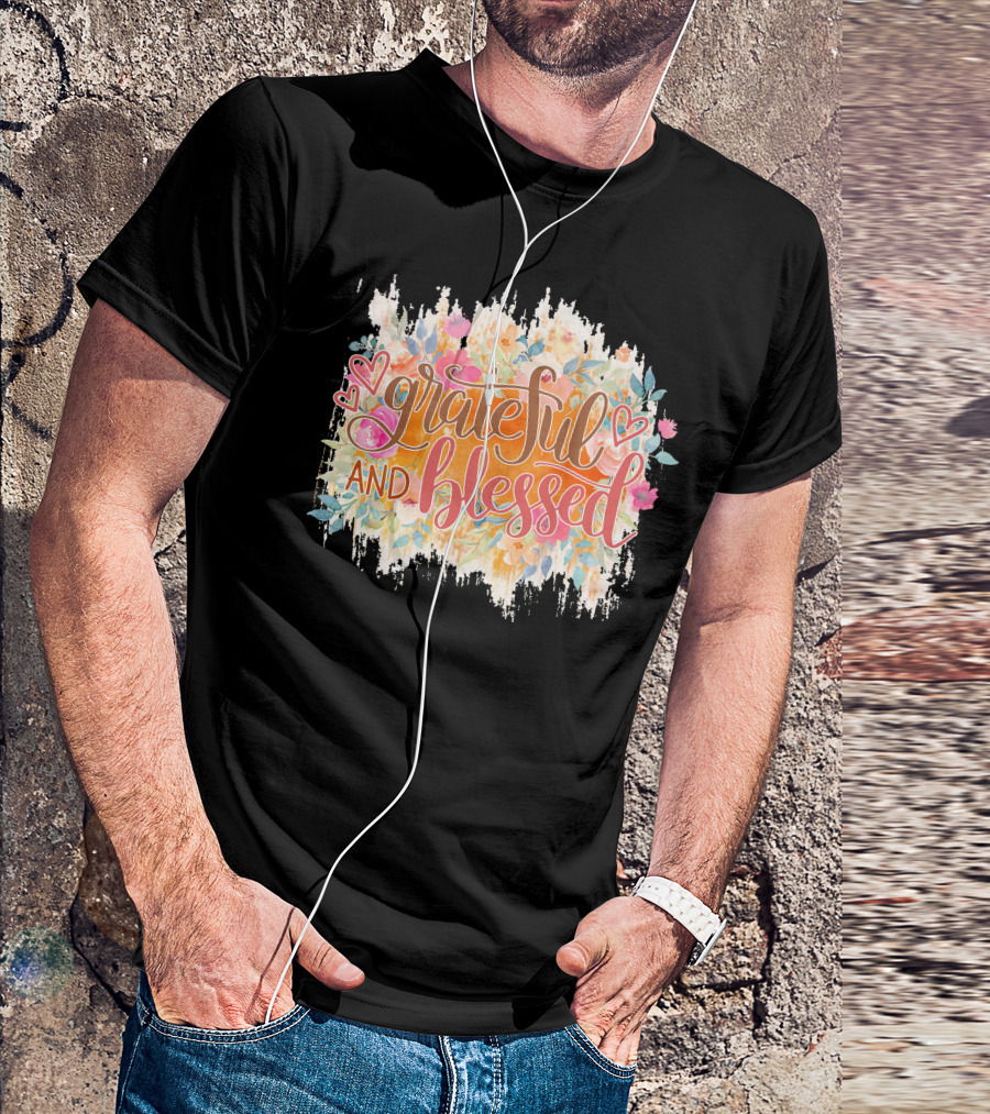 Grateful And Blessed Floral Hearts Motif T-Shirt
