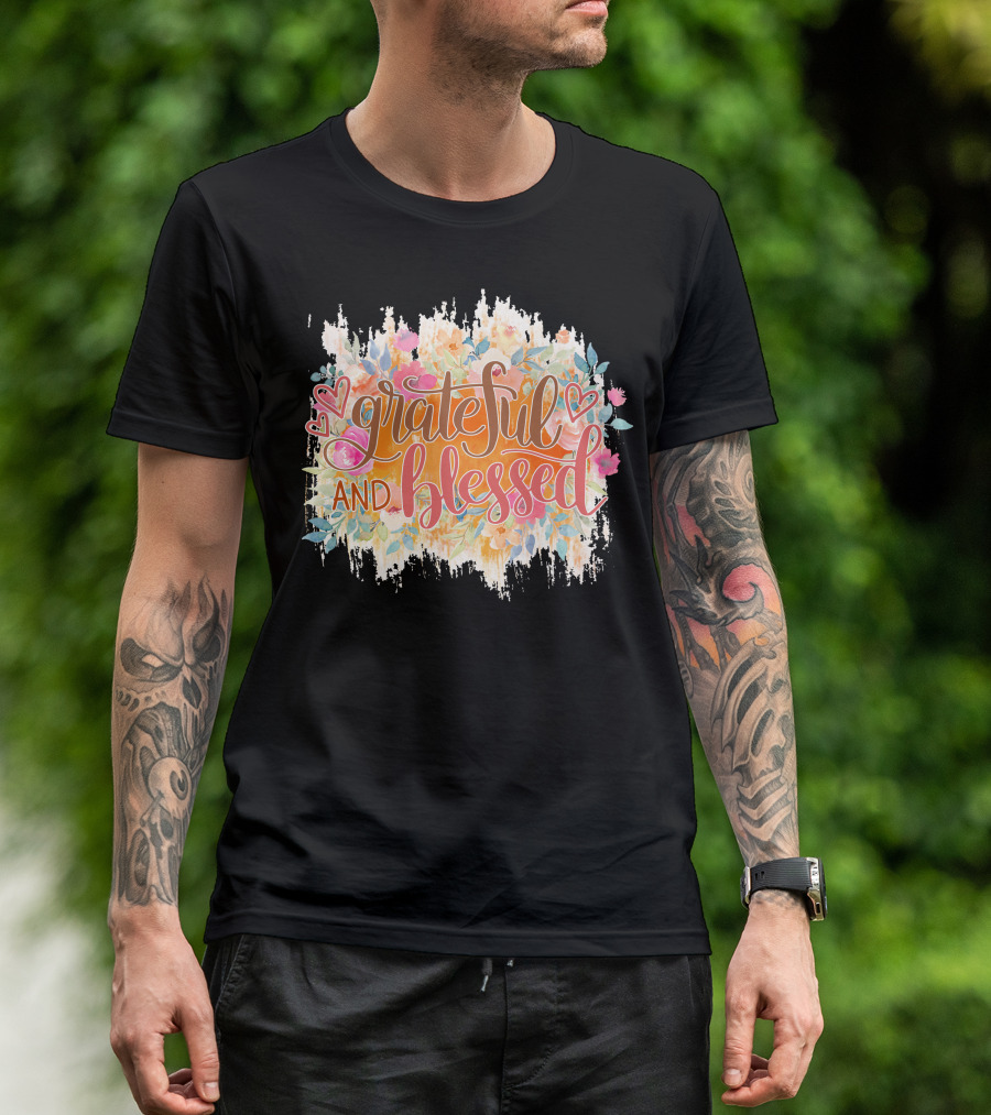 Grateful And Blessed Floral Hearts Motif T-Shirt